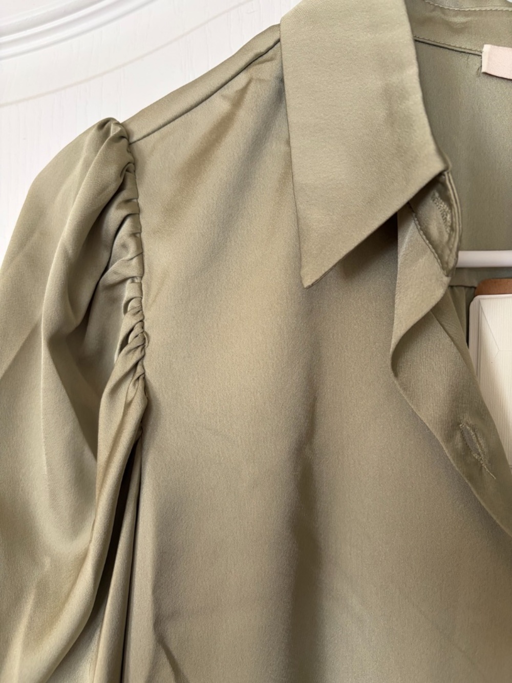 Skies Are Blue Blouse - Puff Sleeve Button Up Silk-Like Soft Khaki Green XS NWT